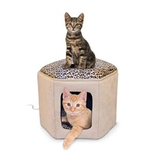 k&h pet products thermo-kitty sleephouse cat cave - heated tan/leopard 12 x 17 inches
