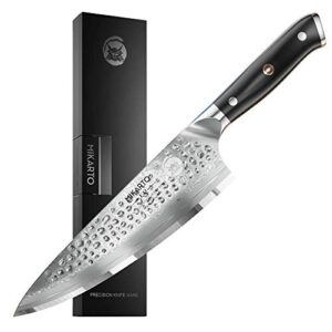 mikarto chef knife, 8 inch gyuto, professional grade - japanese aus-10 super steel kitchen knife with hammer finish - ultra sharp, high carbon kitchen knives - quality, all purpose, precision cutting.