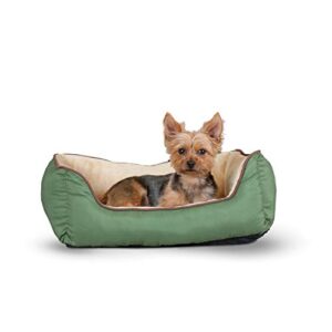 k&h pet products self-warming lounge sleeper dog and cat bed, heat reflecting liner, machine washable, sage/tan small 16 x 20 inches