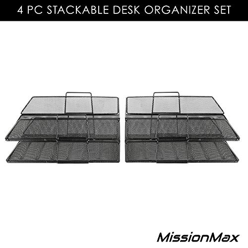 4 Tier Pack Stackable Tray Office Desk Organizer File and Desktop Holder for Paper Letter Accessories Black Discount Pack by MissionMax