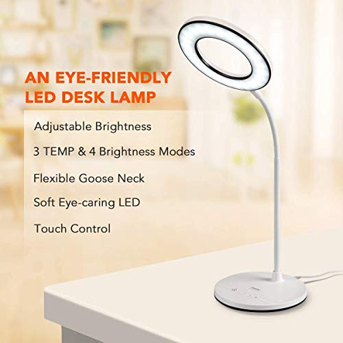 Miady LED Desk Lamp Eye-Caring Table Lamp, 3 Color Modes with 4 Levels of Brightness, Dimmable Office Lamp with Adapter, Touch Control Sensitive, 360° Flexible