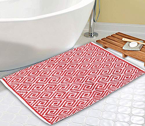 Ramanta Home 100% Cotton Diamond Rug 21x34 Hand Woven Reversible Washable Rug - Red,Farmhouse Bathroom Rugs,Entry Rugs,Rugs for Living Room,Rag Rug,Kitchen Rug Cotton,Machine Washable Rug,Woven Rug