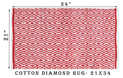 Ramanta Home 100% Cotton Diamond Rug 21x34 Hand Woven Reversible Washable Rug - Red,Farmhouse Bathroom Rugs,Entry Rugs,Rugs for Living Room,Rag Rug,Kitchen Rug Cotton,Machine Washable Rug,Woven Rug