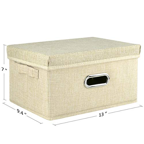 Collapsible Fabric Storage Box with Lid and Handles, Linen Storage Containers, Nursery Storage Basket for Gifts, Books, Magazines, CDs, Kids Toys, Clothes, Underwear, Makeup, 13" x 9.4" x 7", Beige