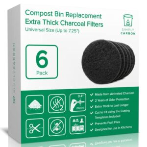 2 years supply extra thick filters for kitchen compost bins - longer lasting activated charcoal - universal size fits all compost bins up to 7.25" filter size - replacement set of 6 (by simply carbon)