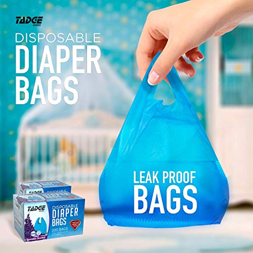 Tadge Goods Baby Disposable Diaper Bags Scented with Lavender - Odor Absorber Biodegradable Plastic Diaper Sacks for Trash Bag Essential Items - Bags for Dirty Diapers - Refill 200 Count (Blue)