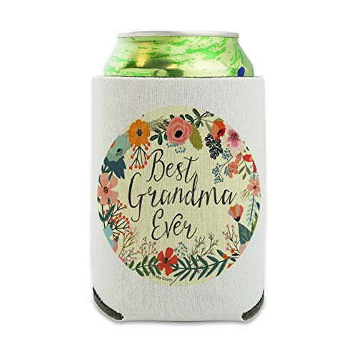 Best Grandma Ever Floral Can Cooler - Drink Sleeve Hugger Collapsible Insulator - Beverage Insulated Holder