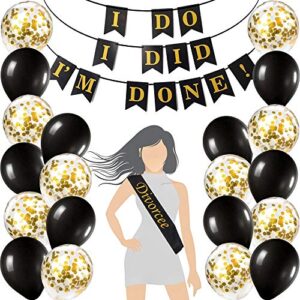 divorce party decorations kit | 10 divorce photo booth props | i do i did i'm done! banner | divorcee sash | 10 gold confetti balloons and 10 black balloons