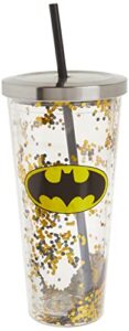 spoontiques - glitter filled acrylic tumbler - glitter cup with straw - 20 oz - stainless steel locking lid with straw - double wall insulated - bpa free - batman