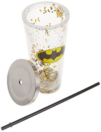 Spoontiques - Glitter Filled Acrylic Tumbler - Glitter Cup with Straw - 20 oz - Stainless Steel Locking Lid with Straw - Double Wall Insulated - BPA Free - Batman