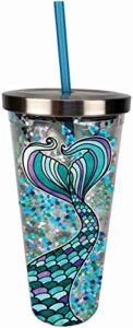 spoontiques - glitter filled acrylic tumbler - glitter cup with straw - 20 oz - stainless steel locking lid with straw - double wall insulated - bpa free - mermaid