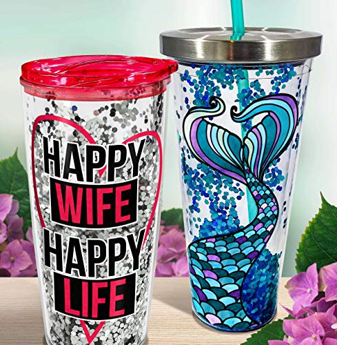 Spoontiques - Glitter Filled Acrylic Tumbler - Glitter Cup with Straw - 20 oz - Stainless Steel Locking Lid with Straw - Double Wall Insulated - BPA Free - Mermaid