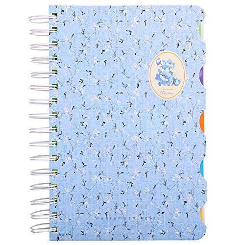 5 Subject Notebook，Wide Ruled Spiral Notebooks，A5 Travelers Notebook, Colored Dividers with Tabs, Cute Floral Notepad, Hardcover Journal Memo Planner for School Kids Girls Women, 5.7”×8.27”, 300 Pages