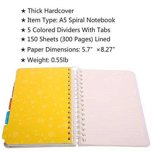 5 Subject Notebook，Wide Ruled Spiral Notebooks，A5 Travelers Notebook, Colored Dividers with Tabs, Cute Floral Notepad, Hardcover Journal Memo Planner for School Kids Girls Women, 5.7”×8.27”, 300 Pages