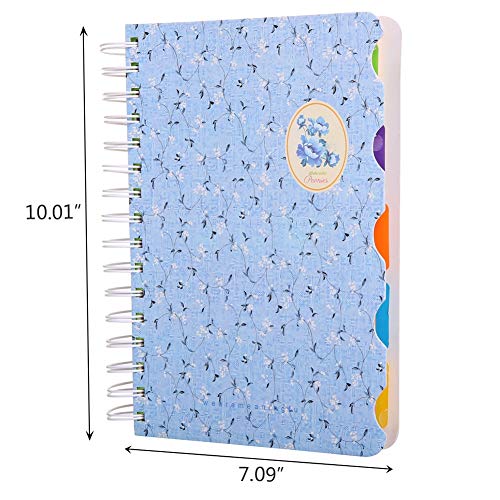 5 Subject Notebook，Wide Ruled Spiral Notebooks，A5 Travelers Notebook, Colored Dividers with Tabs, Cute Floral Notepad, Hardcover Journal Memo Planner for School Kids Girls Women, 5.7”×8.27”, 300 Pages