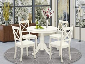 east west furniture antique 5 piece kitchen set for 4 includes a round table with pedestal and 4 faux leather dining room chairs, 36x36 inch, linen white