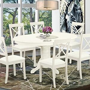 East West Furniture Avon 7 Piece Set Consist of an Oval Dinner Table with Butterfly Leaf and 6 Faux Leather Dining Room Chairs, 42x60 Inch, Linen White