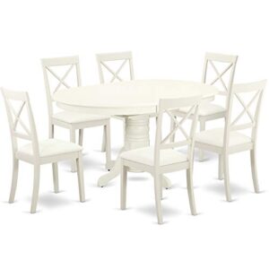 East West Furniture Avon 7 Piece Set Consist of an Oval Dinner Table with Butterfly Leaf and 6 Faux Leather Dining Room Chairs, 42x60 Inch, Linen White