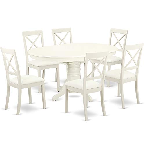 East West Furniture Avon 7 Piece Set Consist of an Oval Dinner Table with Butterfly Leaf and 6 Faux Leather Dining Room Chairs, 42x60 Inch, Linen White