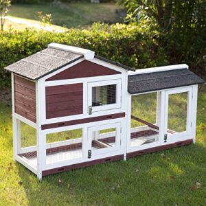 Kinpaw Rabbit Hutch 61inches Indoor Rabbit Cage Small Animal House for Chicken with Removable Trays Ramp Run Red