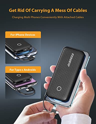 Portable Phone Charger Power Bank 10000mAh, Alongza Portable Charger Built in Cable USB Battery Pack, Slim External Backup Battery Charger with Cable, Travel Charger Compatible with iPhone and Android