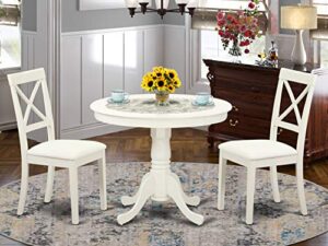 east west furniture anbo3-lwh-lc 3 piece modern set contains a round table with pedestal and 2 faux leather kitchen dining chairs, 36x36 inch, linen white