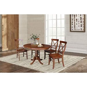 international concepts 36" round top pedestal ext table with 12" leaf and 4 x-back chairs, espresso