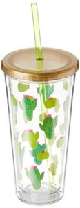 x&o paper goods gold and green cactus acrylic double wall tumbler cup with lid and straw, 20 oz., 4" w x 7.75" h