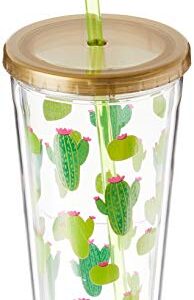 X&O Paper Goods Gold and Green Cactus Acrylic Double Wall Tumbler Cup with Lid and Straw, 20 oz., 4" W x 7.75" H