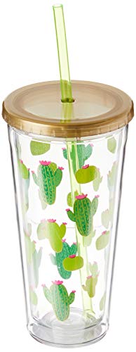 X&O Paper Goods Gold and Green Cactus Acrylic Double Wall Tumbler Cup with Lid and Straw, 20 oz., 4" W x 7.75" H