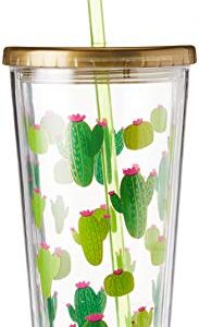 X&O Paper Goods Gold and Green Cactus Acrylic Double Wall Tumbler Cup with Lid and Straw, 20 oz., 4" W x 7.75" H