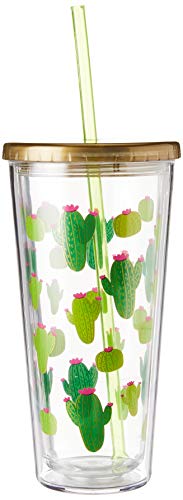 X&O Paper Goods Gold and Green Cactus Acrylic Double Wall Tumbler Cup with Lid and Straw, 20 oz., 4" W x 7.75" H