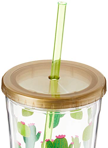 X&O Paper Goods Gold and Green Cactus Acrylic Double Wall Tumbler Cup with Lid and Straw, 20 oz., 4" W x 7.75" H