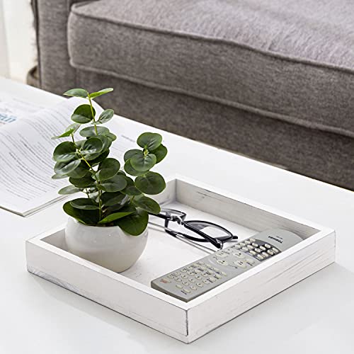 MyGift Whitewashed Wood Serving Tray with Handles | 10-Inch Decorative Farmhouse Wooden Ottoman, Coffee Table, Centerpiece Tray