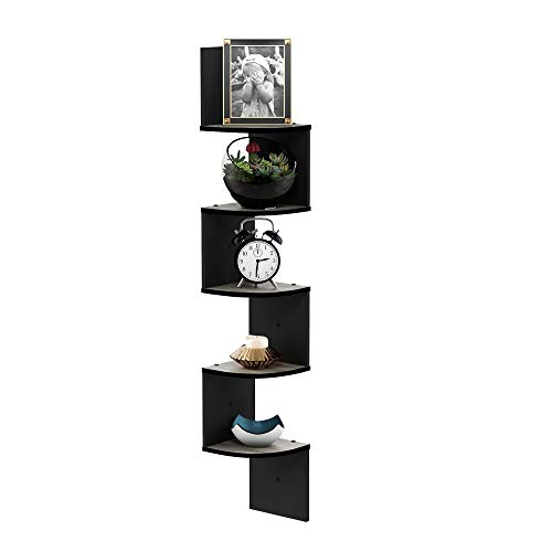 Furinno Rossi Wall Mount Floating Corner Shelf, 5-Tier Radial, French Oak Grey/Black