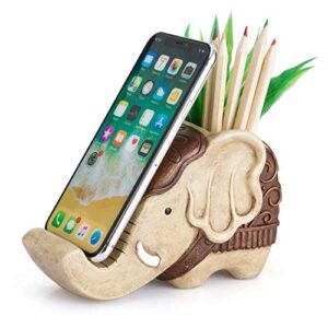 coolbros pen pencil holder with phone stand, resin elephant shaped pen container cell phone stand carving brush scissor holder desk organizer decoration for office desk home decorative (retro brown)