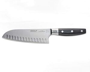 wolf gourmet 6.5" hollow-edged santoku knife, ergonomic for comfort and control, forged high-carbon stainless steel, 12.5 degree angle, durable (wgcu127s)
