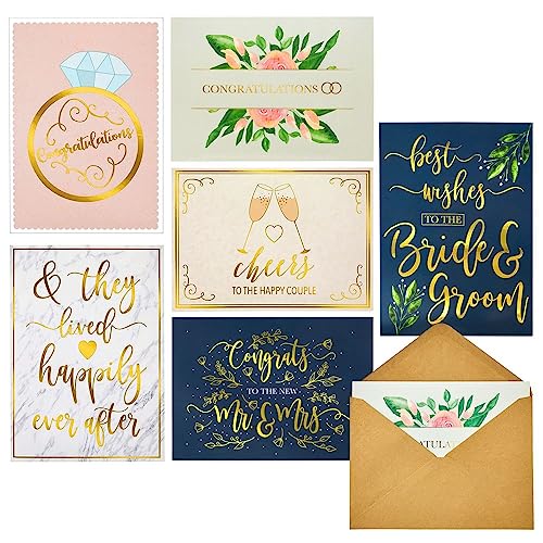 Juvale 24 Pack Wedding Cards for Bride and Groom with Envelopes, Engagement Congratulations, 6 Gold Foil Designs (5x7 In)