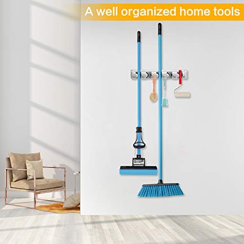 Champs Plastic Mop Broom Holder, Wall Mounted Commercial Organizer Storage Rack for Garden Tools, Kitchen, Garage and Laundry [5 Slots with 6 Hooks] White Grey