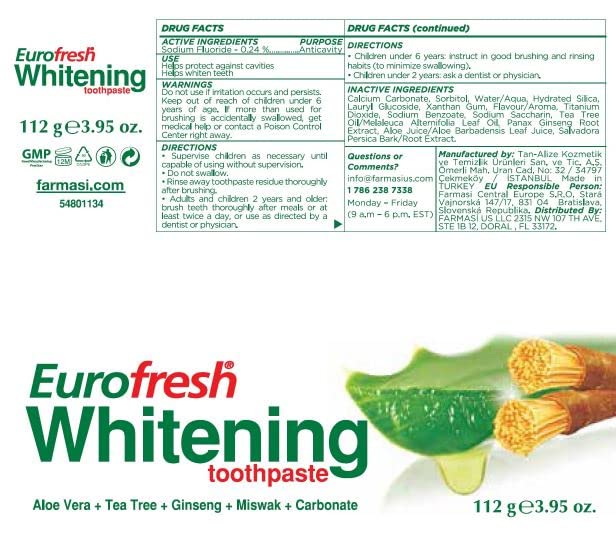 FARMASI Eurofresh Whitening Toothpaste, Provides Sensitive Teeth and Oral Care, It Refreshes The Breath and Provides a Solution to Tea and Coffee Stains, 3.7 fl. oz / 112 ml