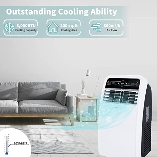 Shinco 8,000 BTU Portable Air Conditioner, Portable AC Unit with Built-in Cool, Dehumidifier & Fan Modes for Room up to 200 sq.ft, Room Air Conditioner with Remote Control, 24 Hour Timer, Installation Kit