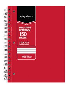 amazon basics wide ruled wirebound 3-subject 150-sheet notebook with pocket divider - pack of 6, 10.5 x 8 inch, multi-color