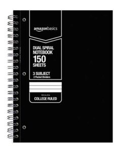 amazon basics college ruled wirebound 3-subject 150-sheet notebook with pocket divider - pack of 3, 10.5 x 8 inch, black / red / white