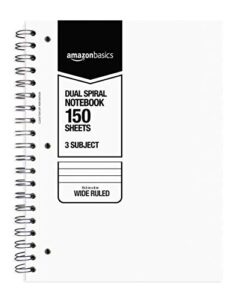 amazon basics wide ruled wirebound 3-subject 150-sheet notebook - pack of 3, 10.5 x 8 inch, black / red / white
