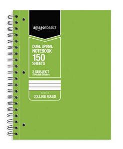 amazon basics college ruled wirebound 3-subject 150-sheet notebook with pocket divider - pack of 3, 10.5 x 8 inch, grey / green / blue
