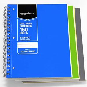 Amazon Basics College Ruled Wirebound 3-Subject 150-Sheet Notebook with Pocket Divider - Pack of 3, 10.5 x 8 Inch, Grey / Green / Blue