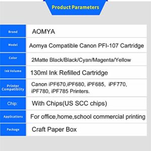 Aomya Compatible Canon PFI-107 6 Pack 5 Colors Ink Tanks 2 PFI-107MBK(Pigment),1 PFI-107BK PFI-107C PFI-107Y PFI-107M for for iPF680, 685, 780, 785