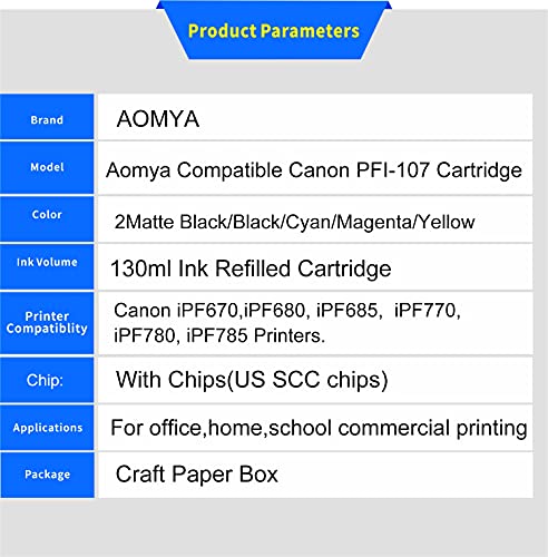 Aomya Compatible Canon PFI-107 6 Pack 5 Colors Ink Tanks 2 PFI-107MBK(Pigment),1 PFI-107BK PFI-107C PFI-107Y PFI-107M for for iPF680, 685, 780, 785