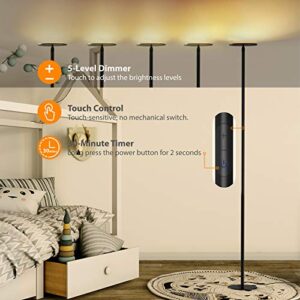 TROND LED Floor Lamp for Bedroom - 30W 5000 LM Super Bright Modern Standing Lamps for Living Room, Touch Control 5-Level Dimmable, 3000K Warm White Light, 30 mins Timer Tall Floor Lamp for Office Home