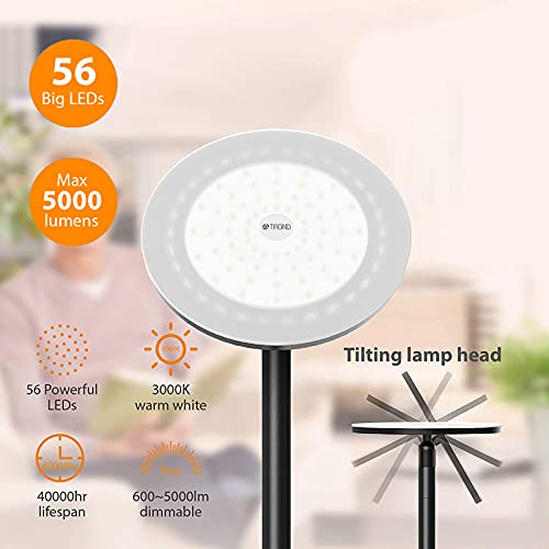 TROND LED Floor Lamp for Bedroom - 30W 5000 LM Super Bright Modern Standing Lamps for Living Room, Touch Control 5-Level Dimmable, 3000K Warm White Light, 30 mins Timer Tall Floor Lamp for Office Home